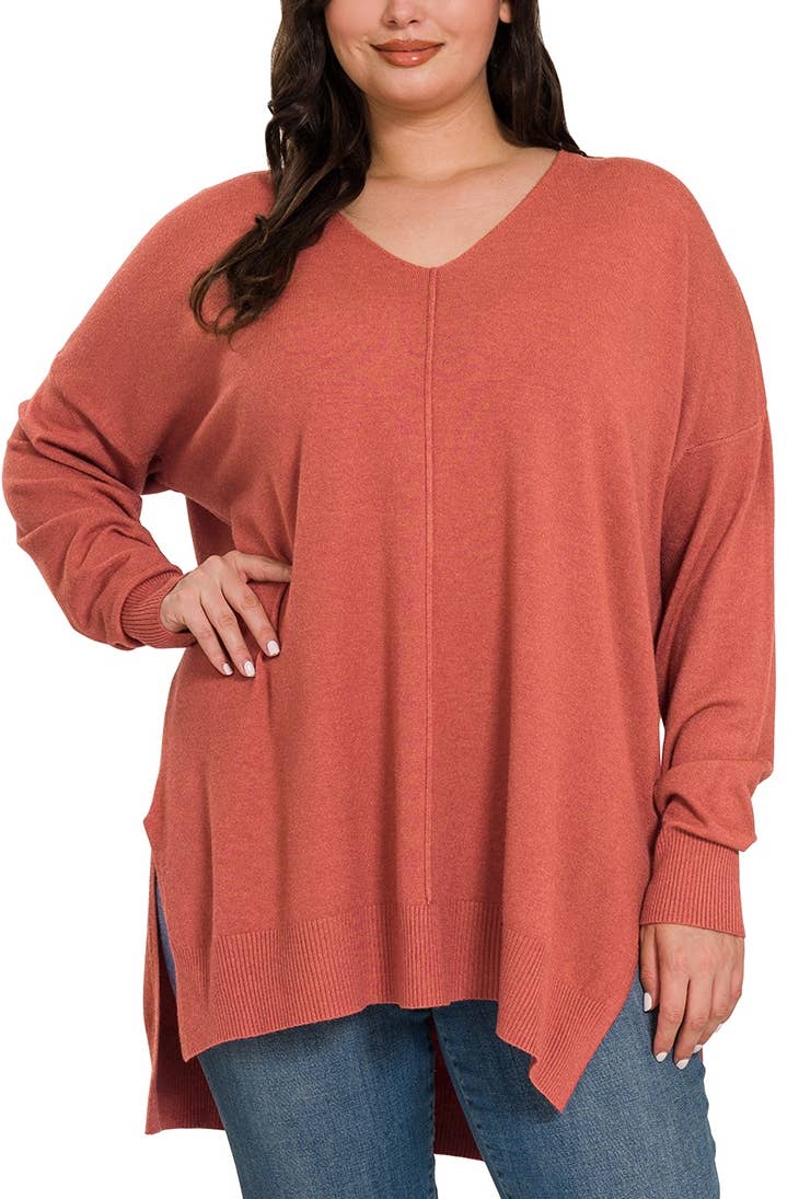 Plus Hi-Low Hem V-Neck Center Seam Sweater: H LT NAVY / 3-2 (1XL/2XL-2XL/3XL)