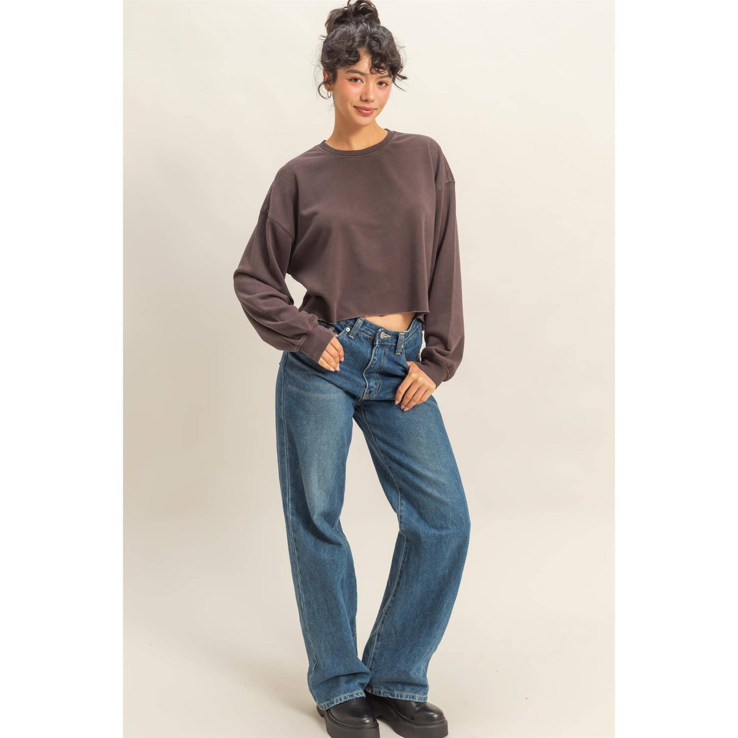 Cropped Crewneck Sweatshirt With Oversized Sleeves: BLACK / S-M-L(2-2-2)