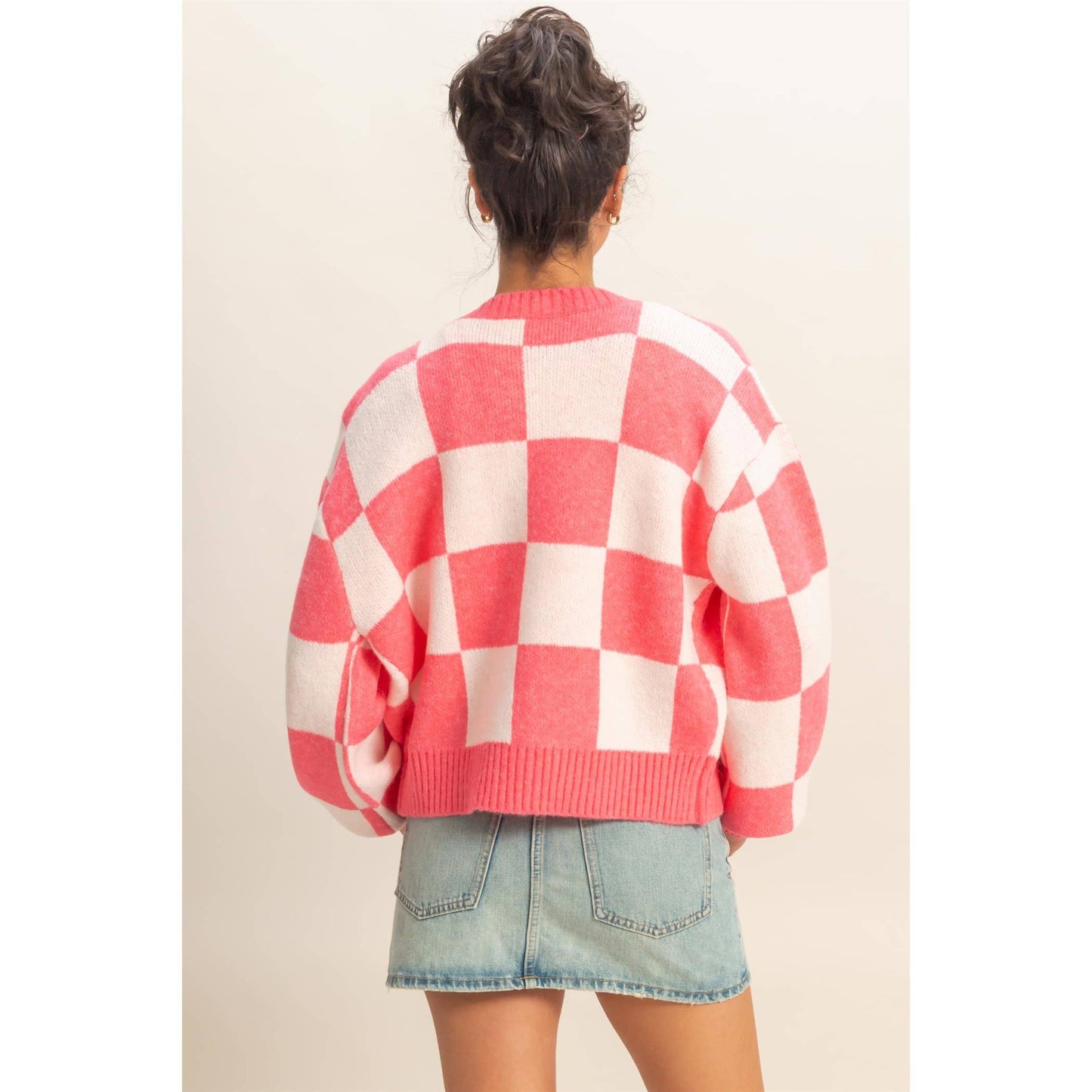 Checkered Button Front Cardigan Sweater: EMERALD/CREAM / S-M-L(2-2-2)
