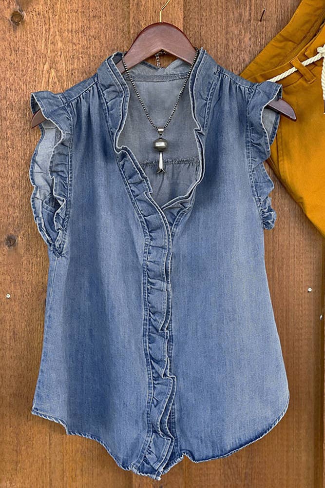 Blue Sleeveless Washed Denim Tank Top BBSP043: Blue / M