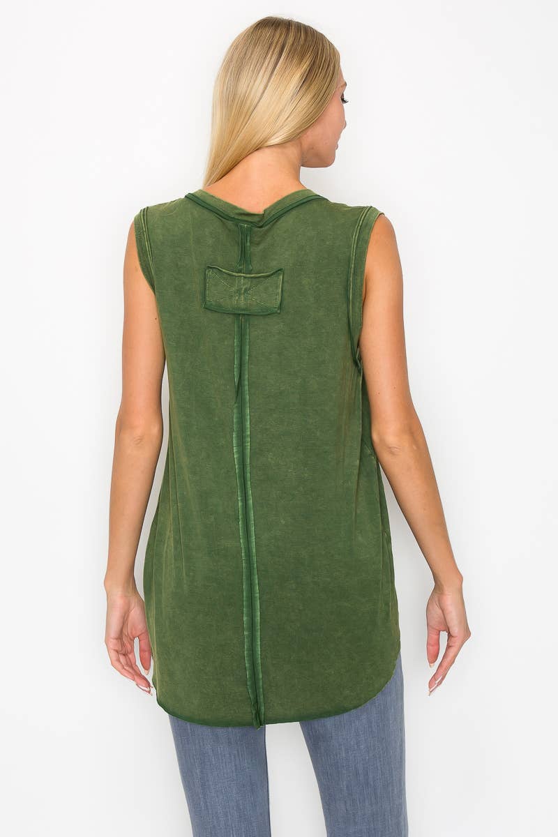 Mineral washed V neck Sleeveless Top HT4004: Olive / S-M-L/2-2-2