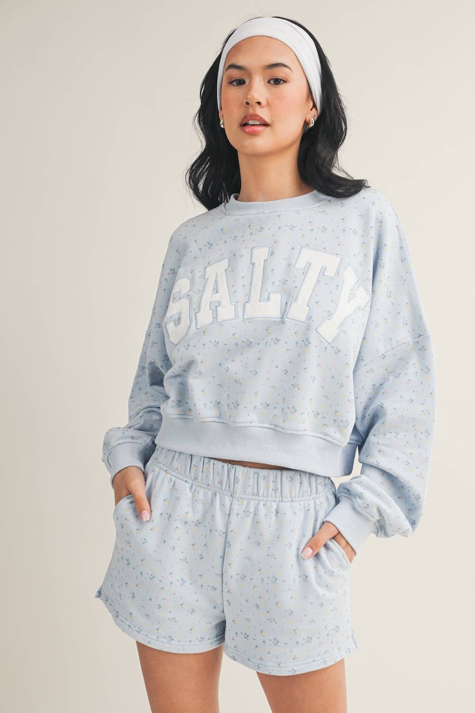 Salty Ditsy Print Crewneck Crop Sweatshirt: Pink Ditsy / M