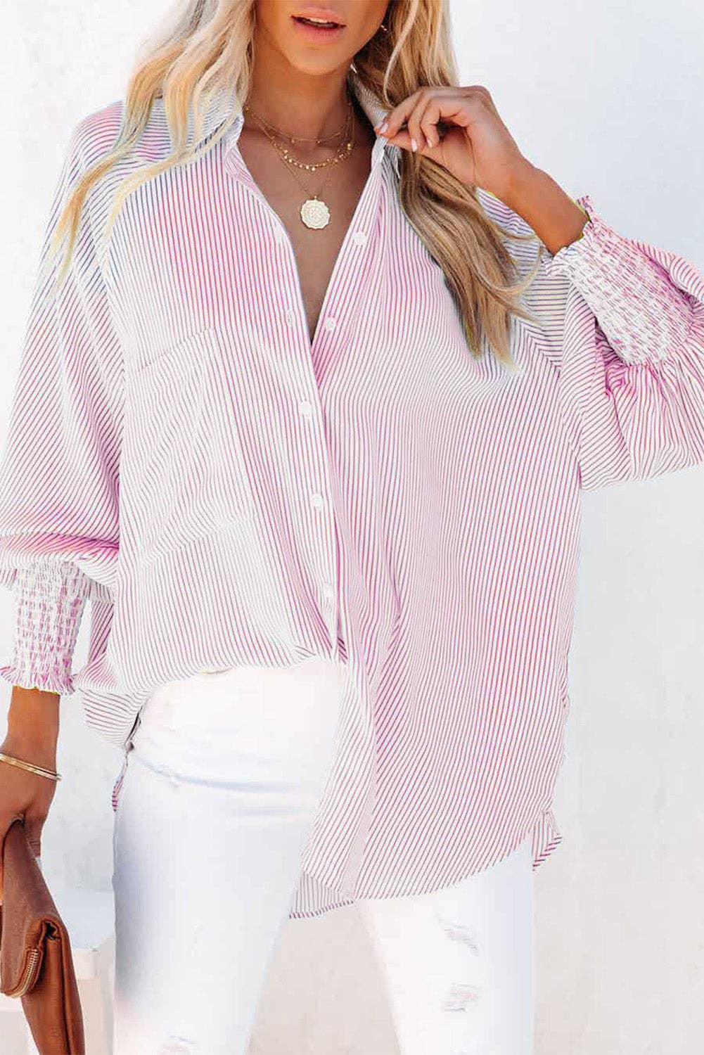 Stripe Smocked Cuff Pocketed Shirt: Sky Blue / L