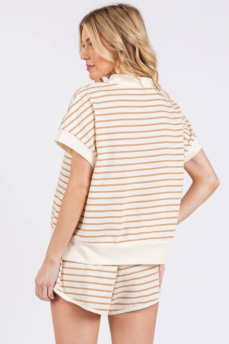 HALF ZIP UP STRIPED TOP AND SHORTS SETS : BLUE/PINK / L