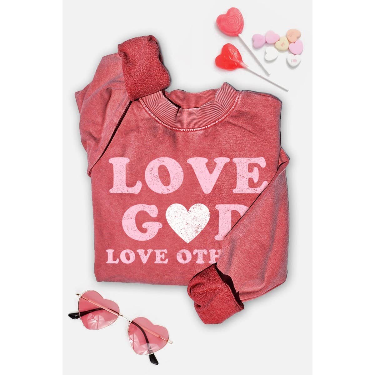 LOVE GOD LOVE OTHERS MINERAL GRAPHIC SWEATSHIRTS: MINERAL HOT PINK / S-M-L-XL(1-2-2-1)