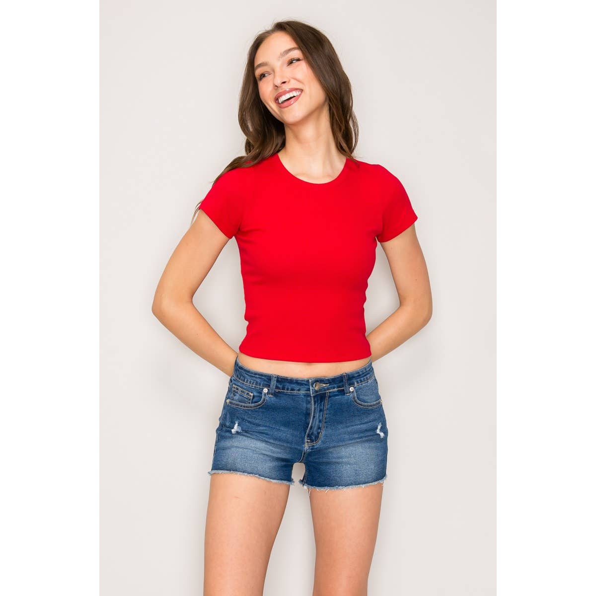 Crew Neck Short Sleeve Cotton Rib Knit Top: White / S-M-L(2-2-2)