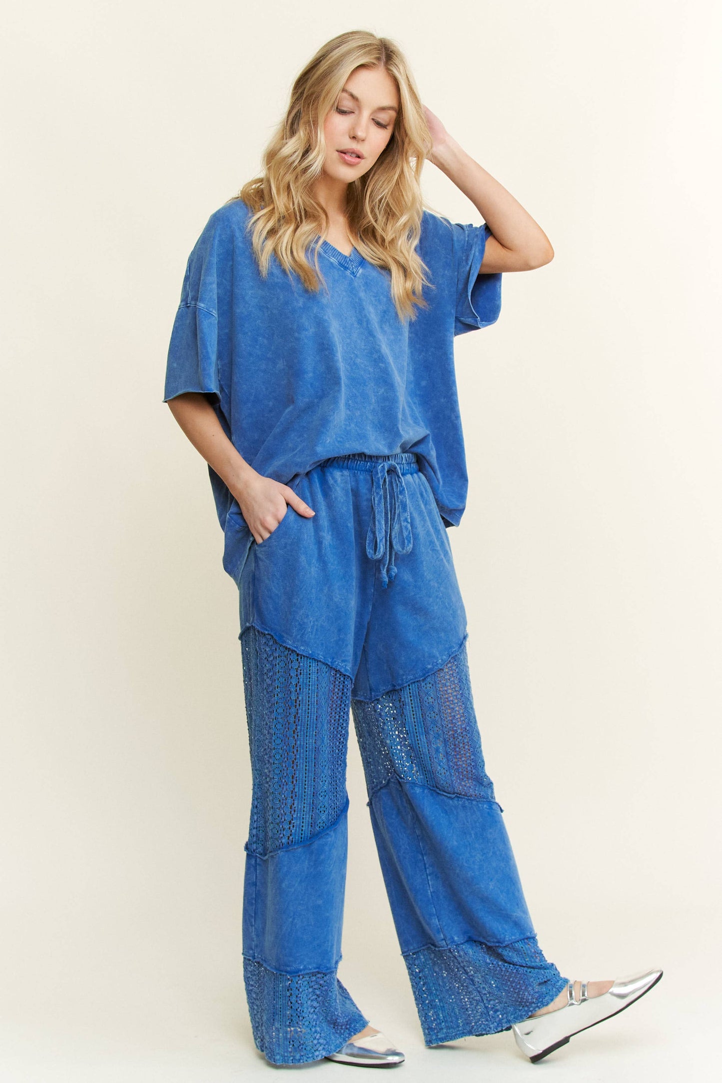 Mineral Washed Lace See through Breezy pants HP6335.: Silver Grey / S-M-L / 2-2-2