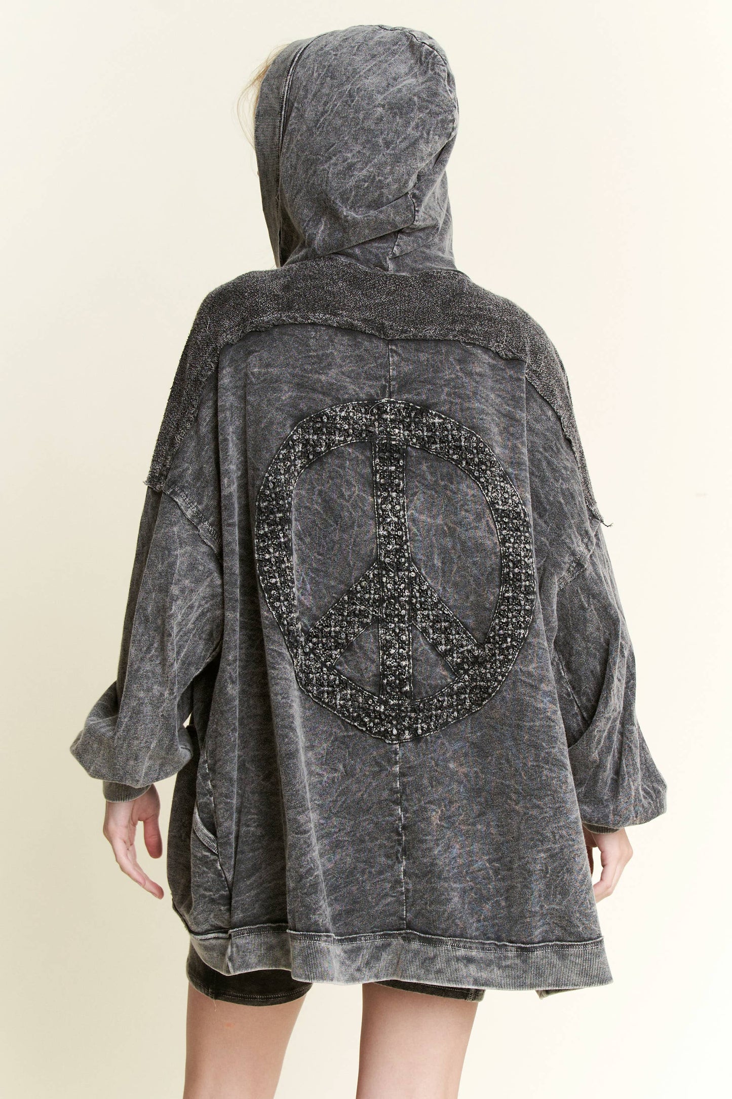Mineral Wash Open Terry Cardigan with peace sign HT6086: Latte / S-M-L / 2-2-2