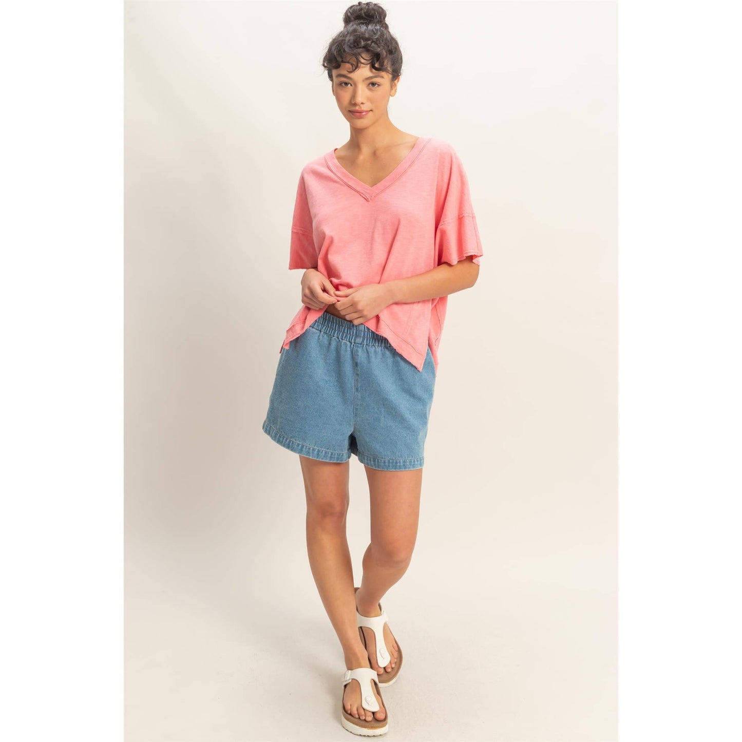 Oversized V-Neck Short Sleeve Top: WHIP CREAM / S-M-L(2-2-2)