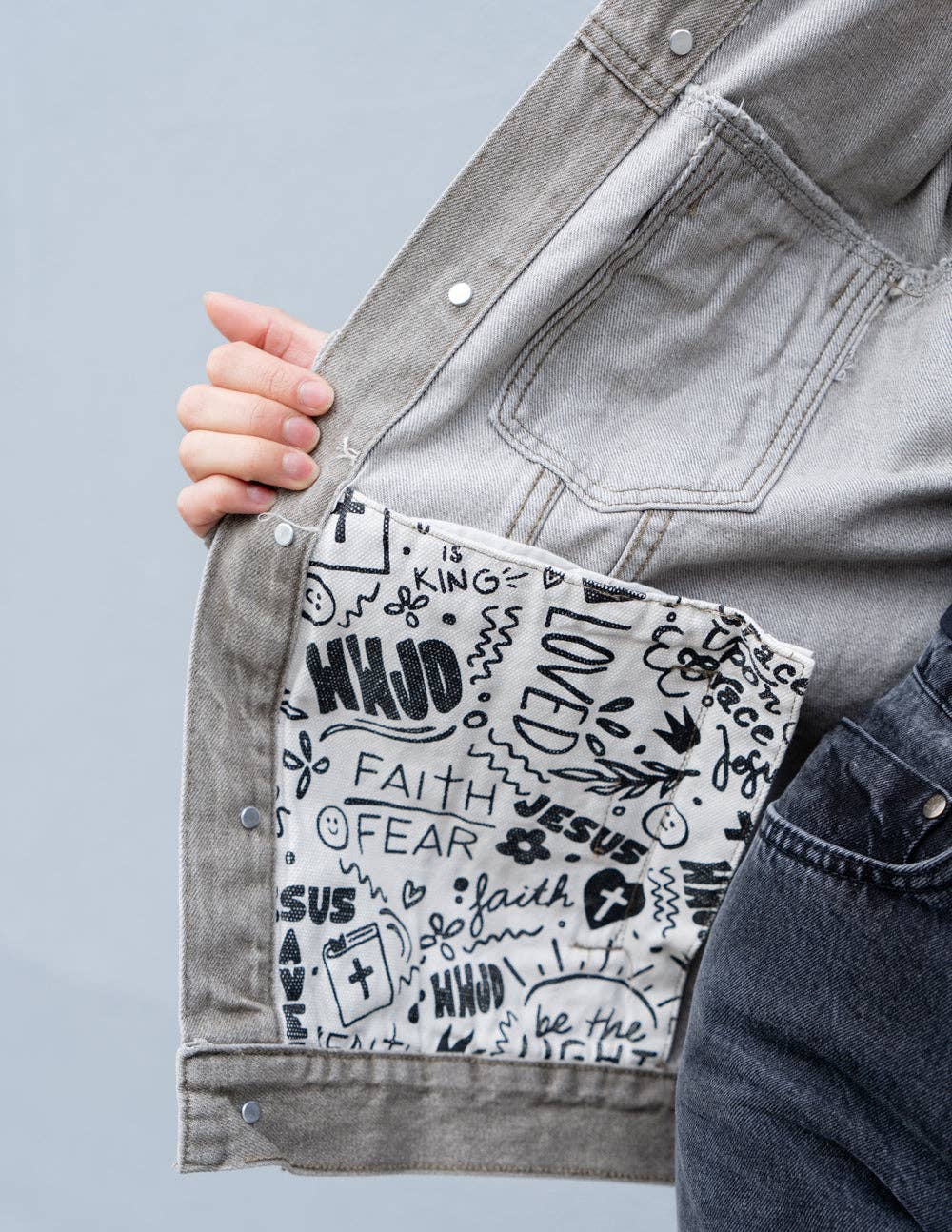 What a Friend in Jesus Grey Denim Jacket: L