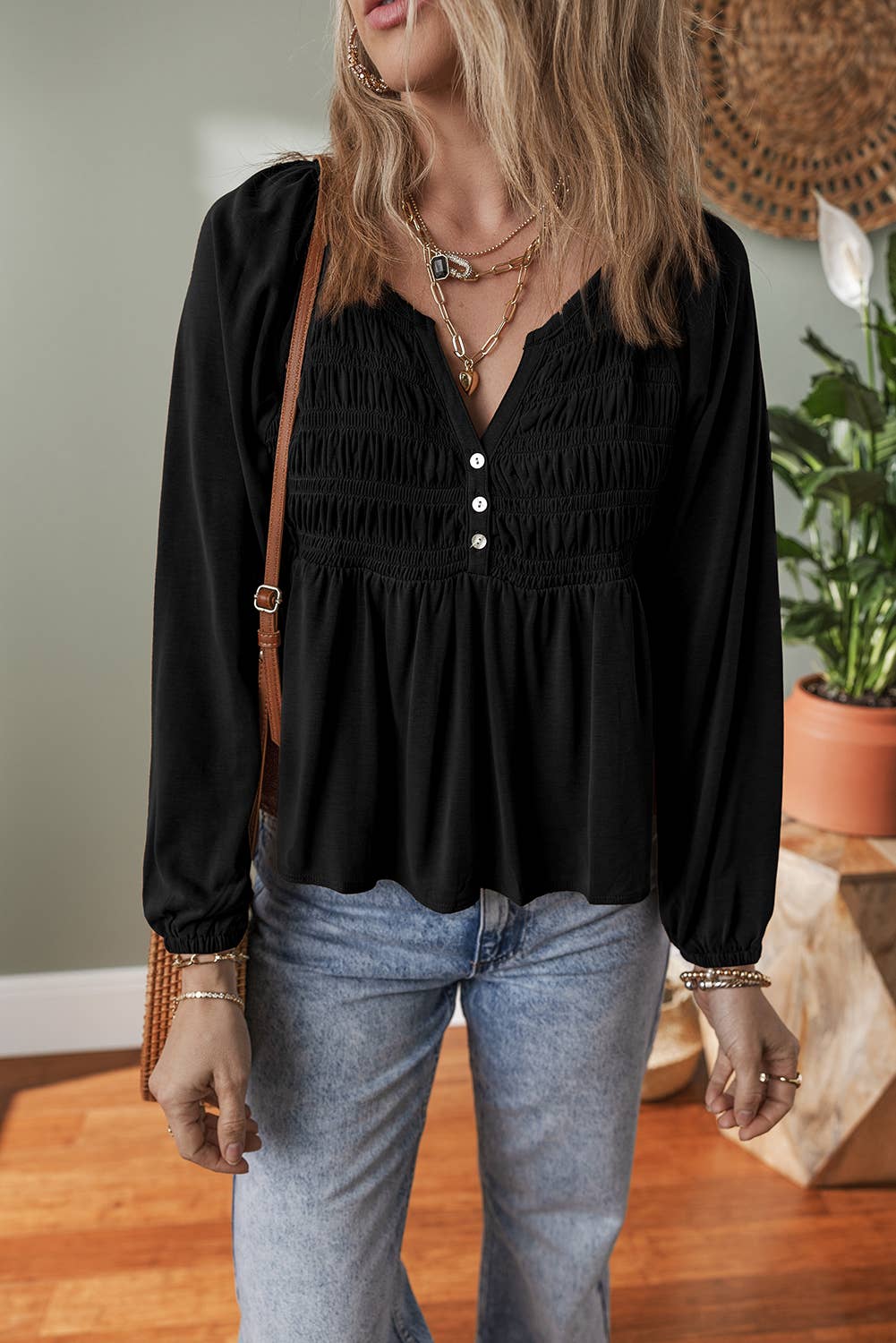 LDC Smocked Bust Buttoned Split V Neck Flow Fit Blouse: Cinnamon / L