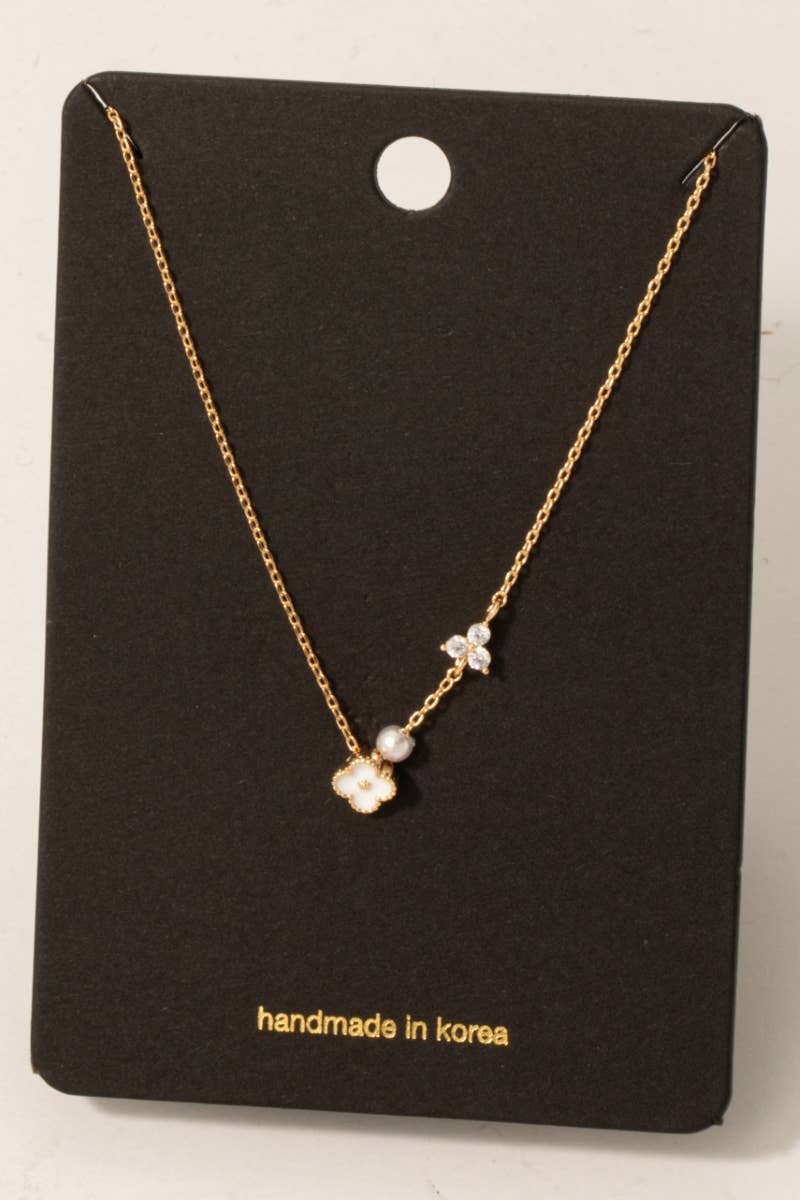 Enamel Clover Pearl And Stud Charms Chain Necklace: WH
