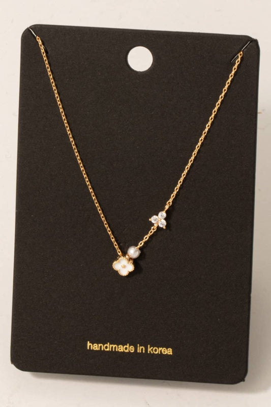 Enamel Clover Pearl And Stud Charms Chain Necklace: WH