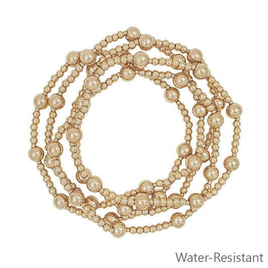 Water Resistant Set of 5 3mm Small Gold Beaded with 6MM Beaded Stretch Bracelets