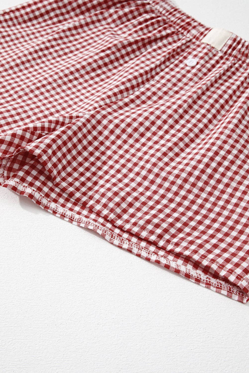 Red Gingham High Waisted Elastic Waist Summer Shorts: Red Stripe / 100%Polyester / M