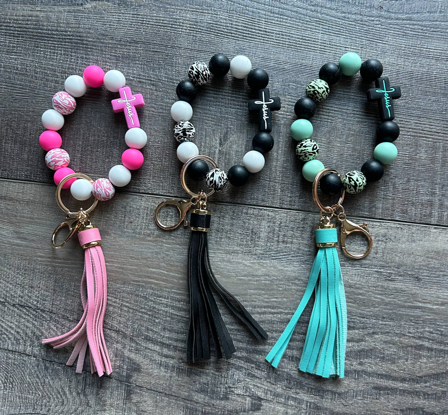 Faith in Jesus Cross Silicone Bead Wristlet Keychain: Pink