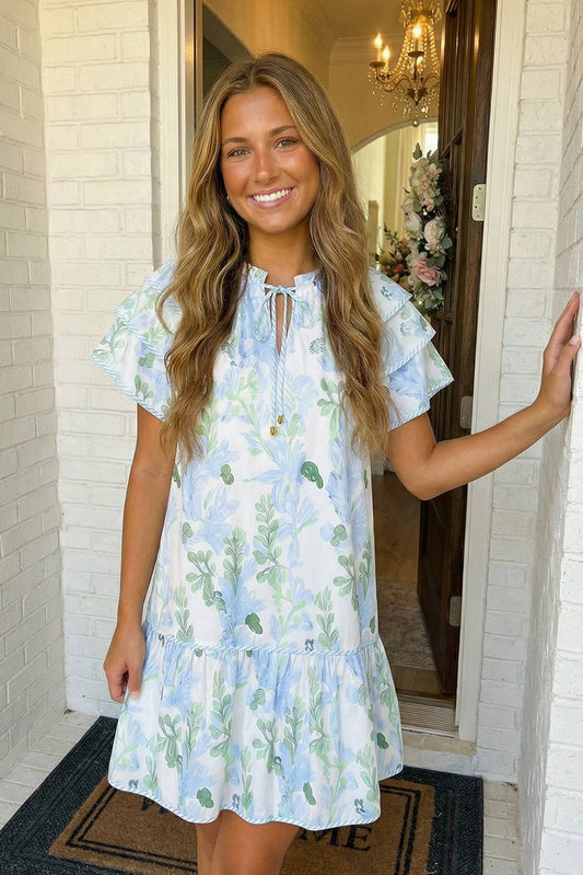 LAS Floral Contrast Edge Layered Mini Dress (S-XL): Sky Blue / Missy / XL