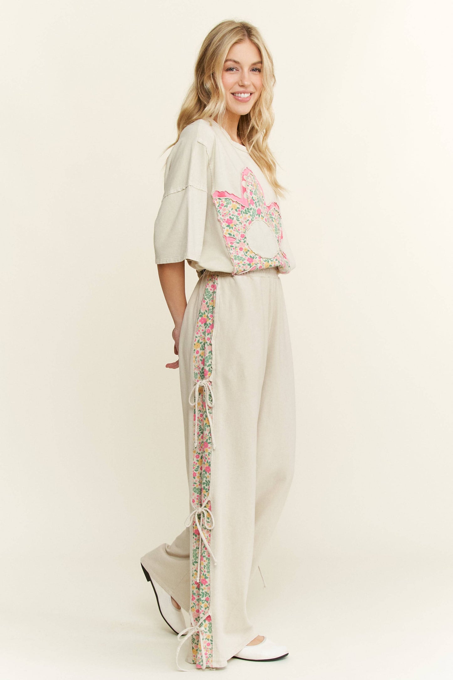 MineralWashed Bow Ribbon tie on the side Pants HP6418: DenimBlue / S-M-L / 2-2-2