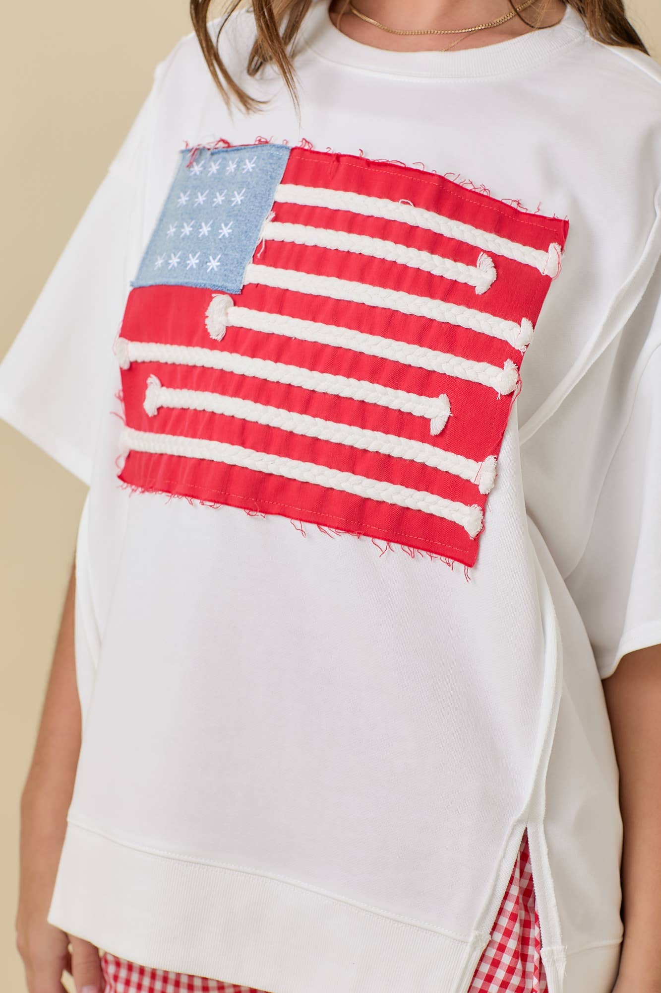 Boxy Wide Short Sleeve Top With American Flag Patchwork: DARK BLUE / M