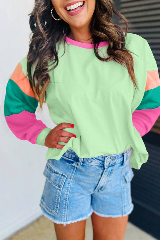 Dark Blue Colorblock Patchwork Long Sleeve Loose Top: Green / 95%Cotton+5%Elastane / M