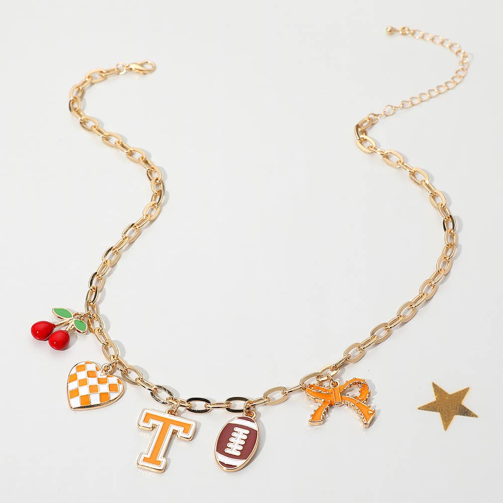Football Theme Bow Cherry Heart Charm Station Necklace: Blue,Gold,White