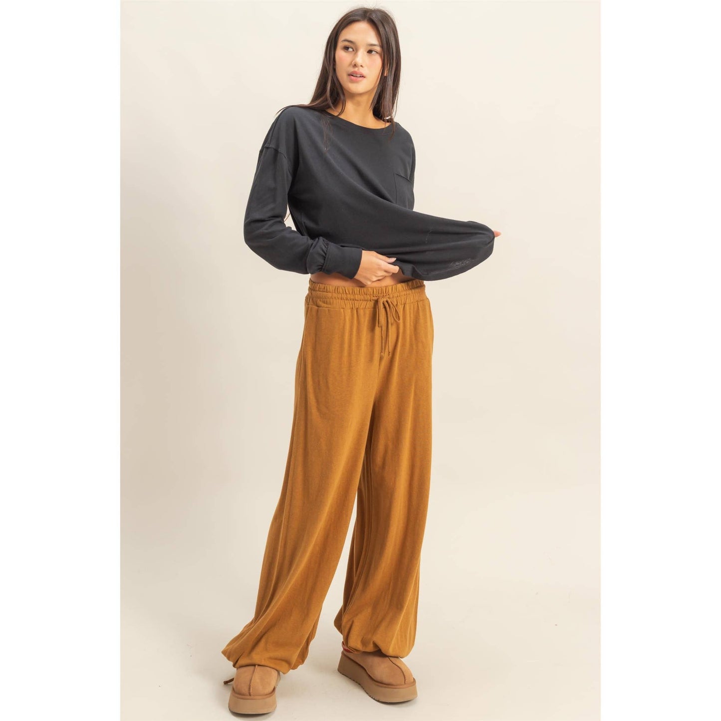 High Waist Drawstring Wide Leg Pants: BLACK / S-M-L(2-2-2)