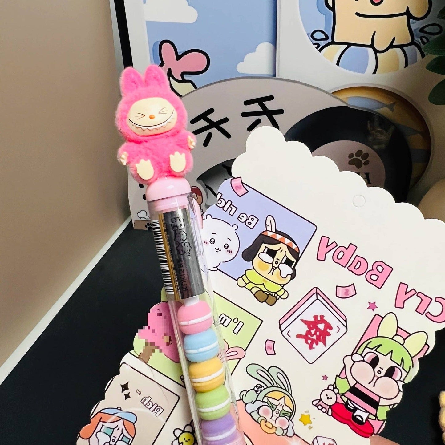 Labubu flocking deco gel pen cute student creative labubu pen: HOT PINK