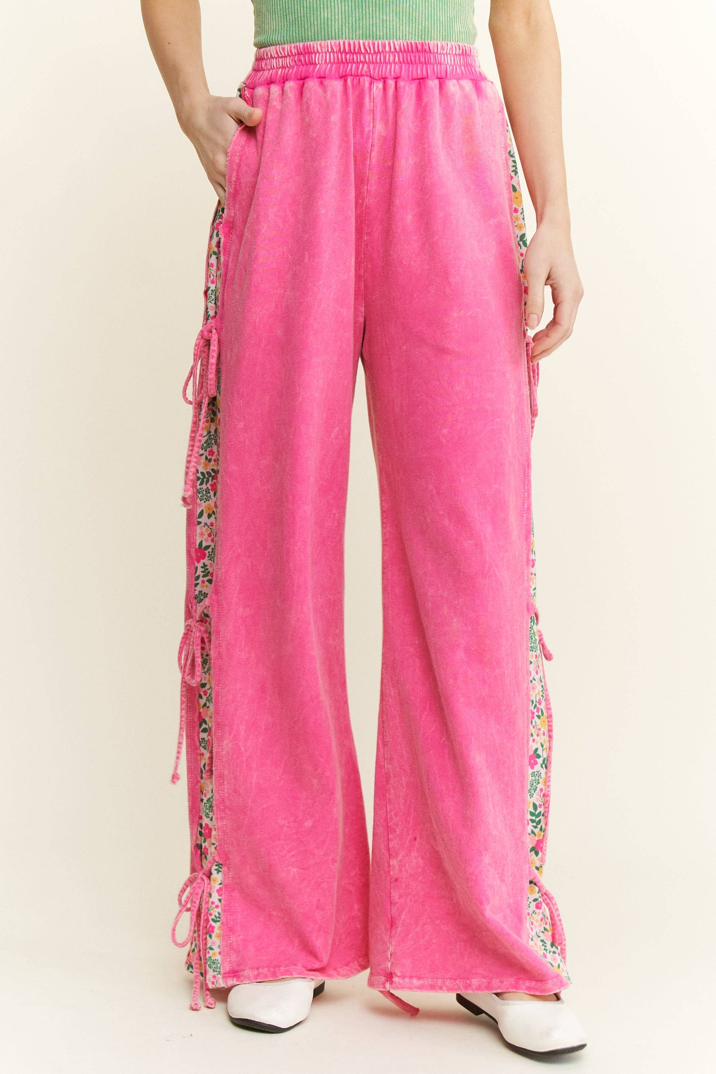 MineralWashed Bow Ribbon tie on the side Pants HP6418: DenimBlue / S-M-L / 2-2-2