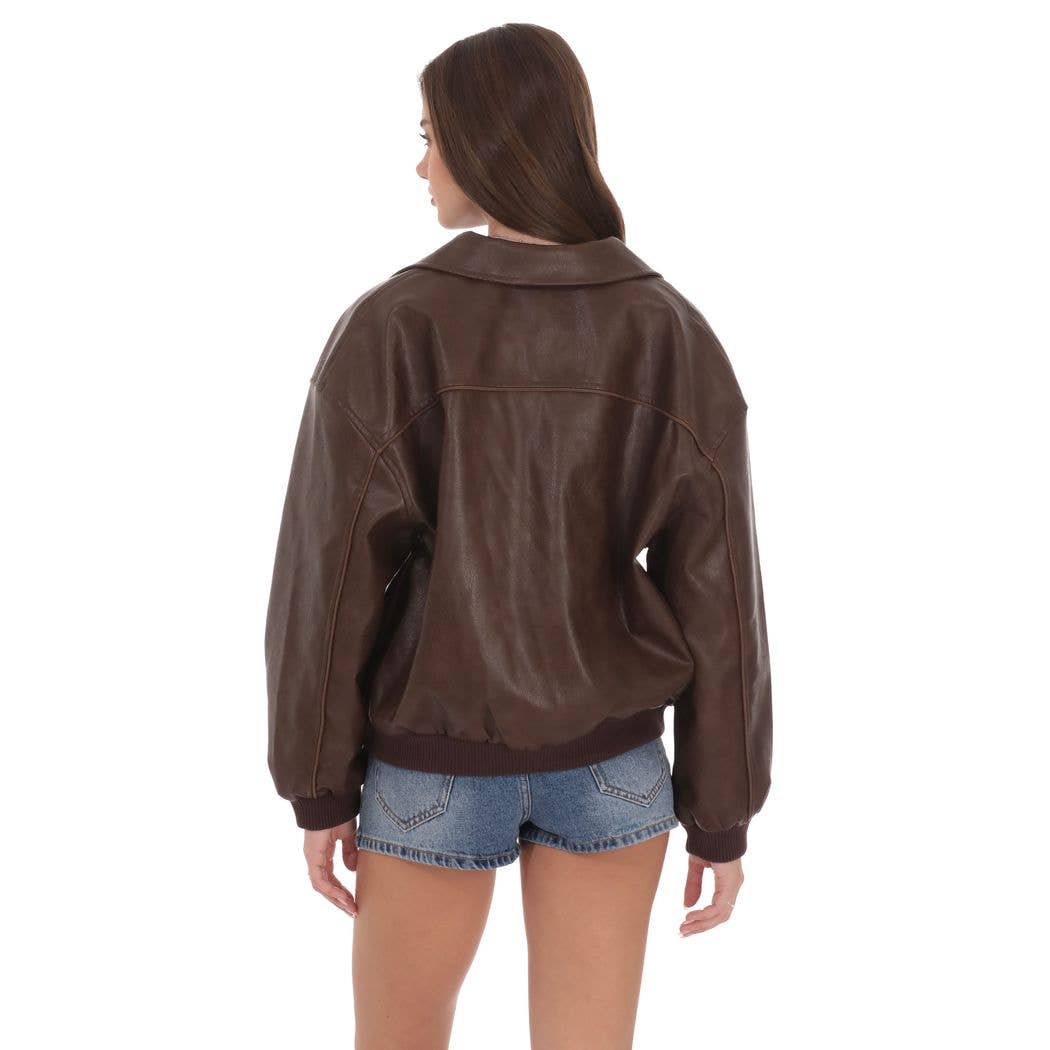Faux Leather Bomber in Brown: S