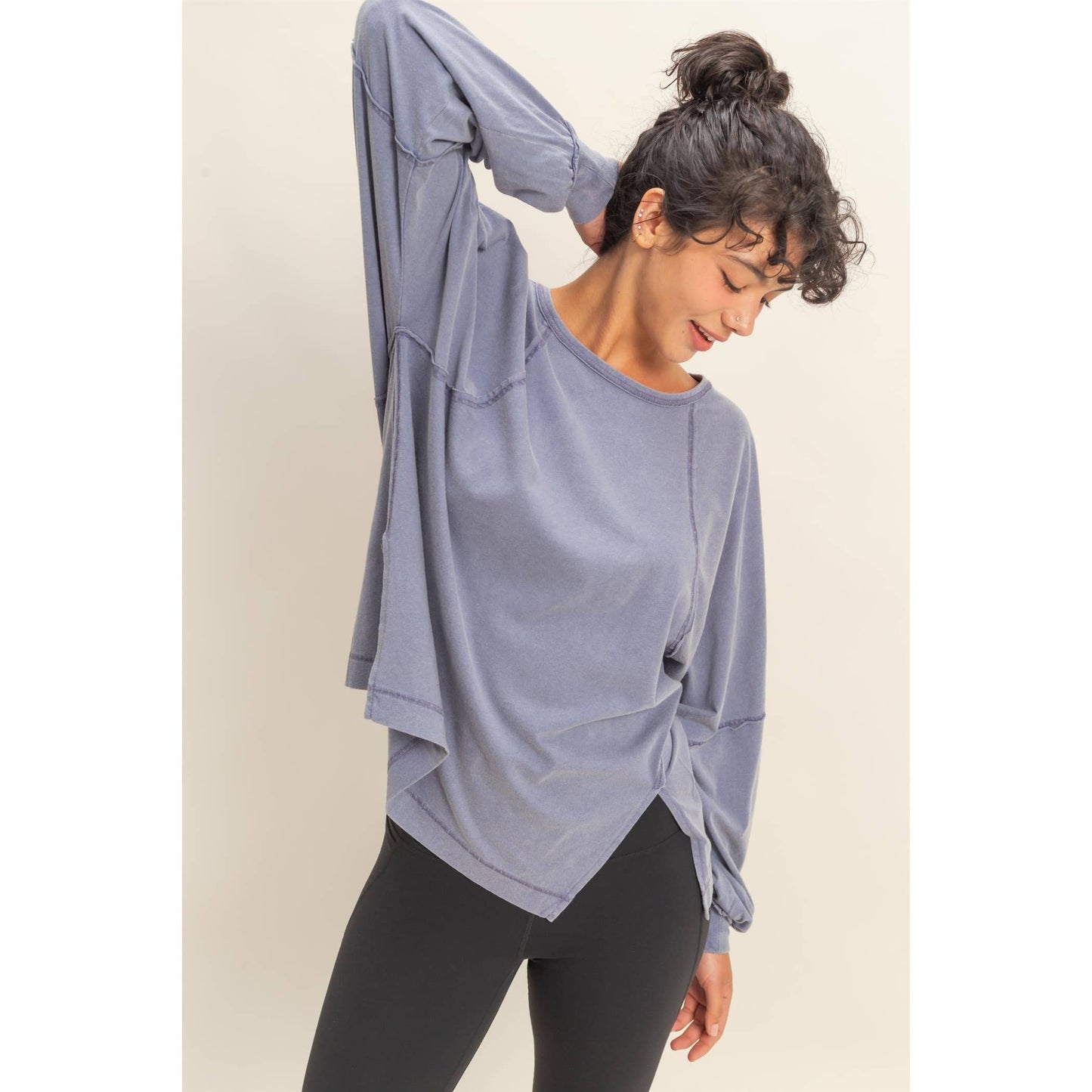 Washed Oversized Long Sleeve Top With Slit: CREAM / S-M-L(2-2-2)
