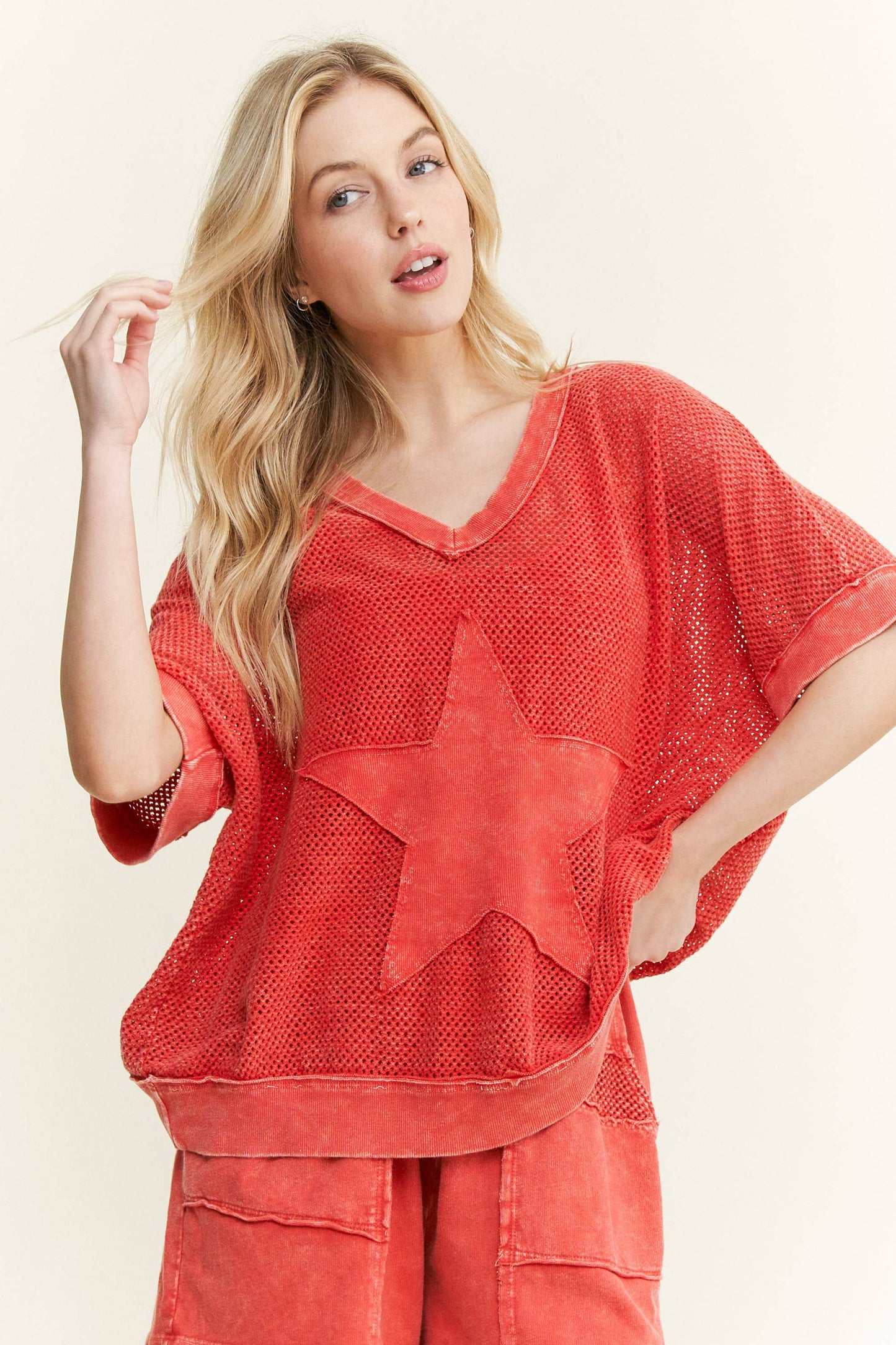 MineralWashed Star patched Mesh Knit Vest top HT6385: Hot Pink / S-M- L / 2-2-2