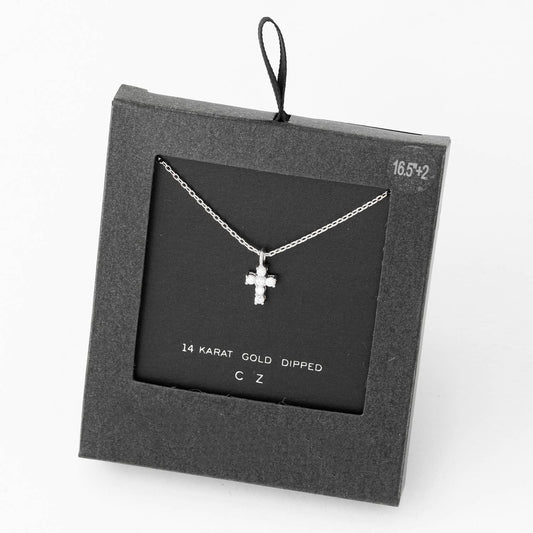 Secret Box Cz Mini Cross Charm Necklace: WG