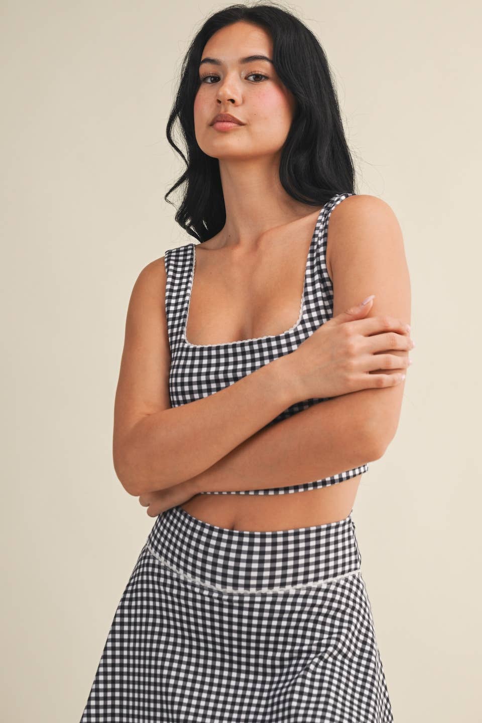 Gingham Print Crop Tank with Lace Trim: Pink Gingham / M