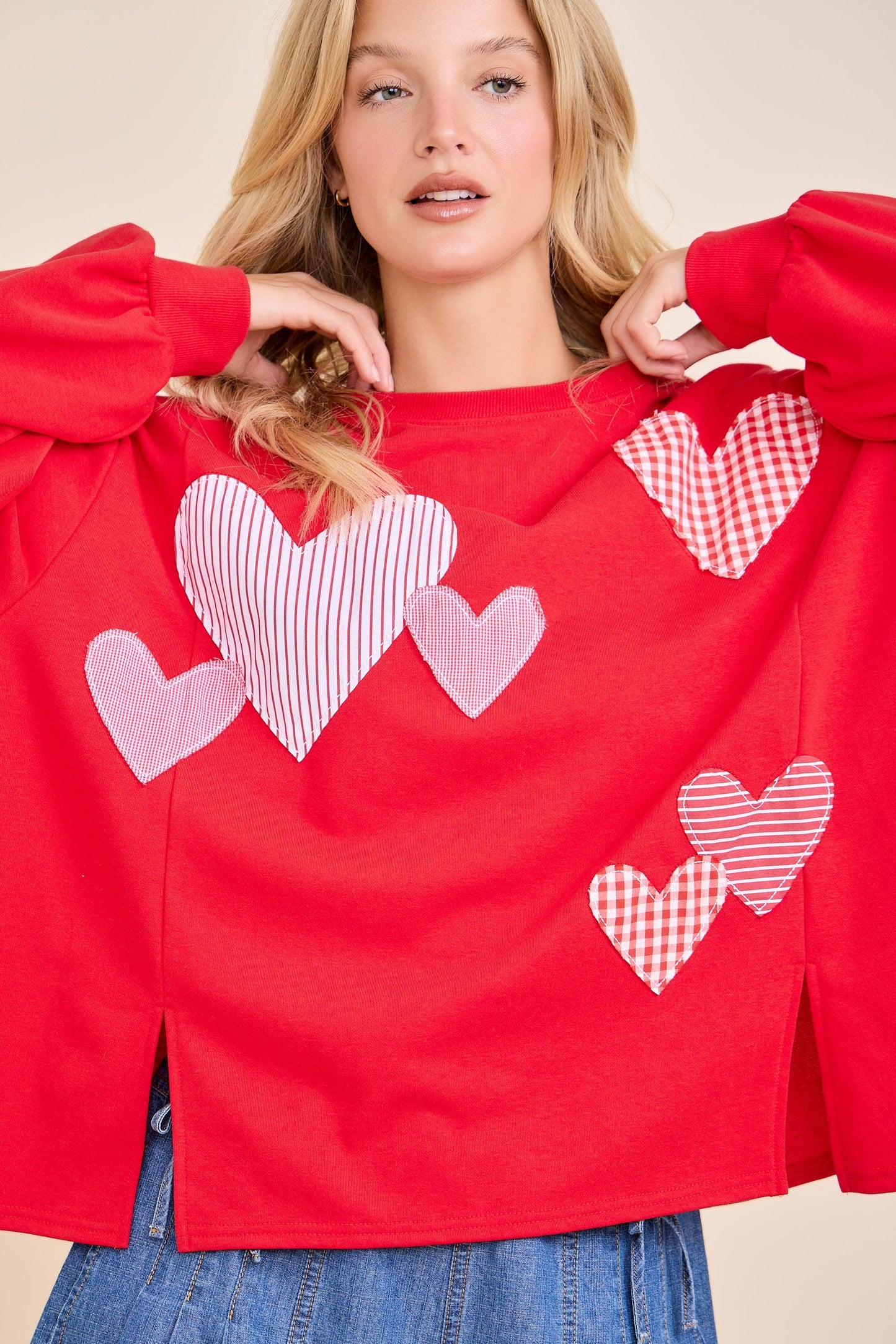 Red Heart Patchwork Sweatshirt – Valentine Pullover: RED / M