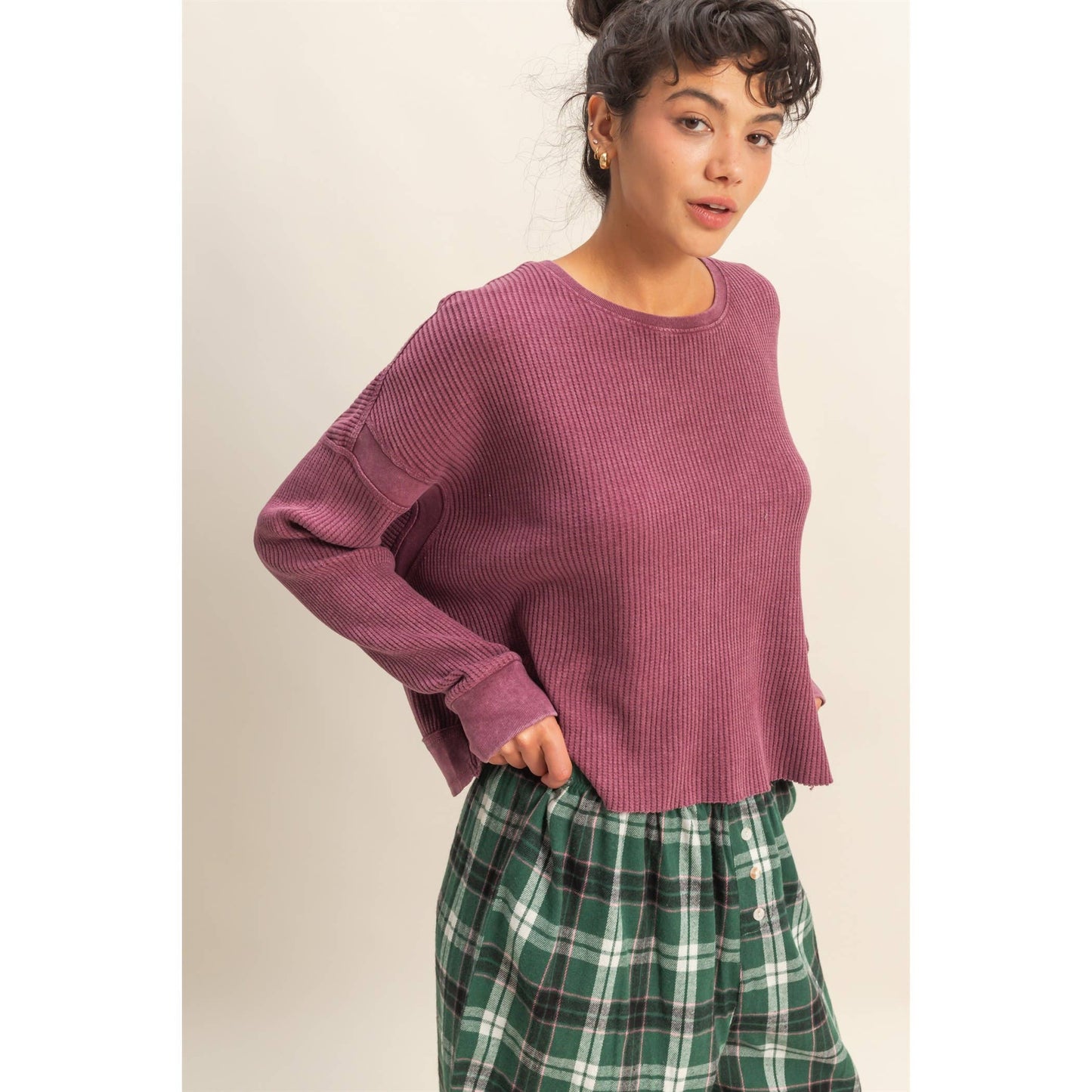 Chic Open Back Textured Knit Long Sleeve Top: TAFFY PINK / S-M-L(2-2-2)