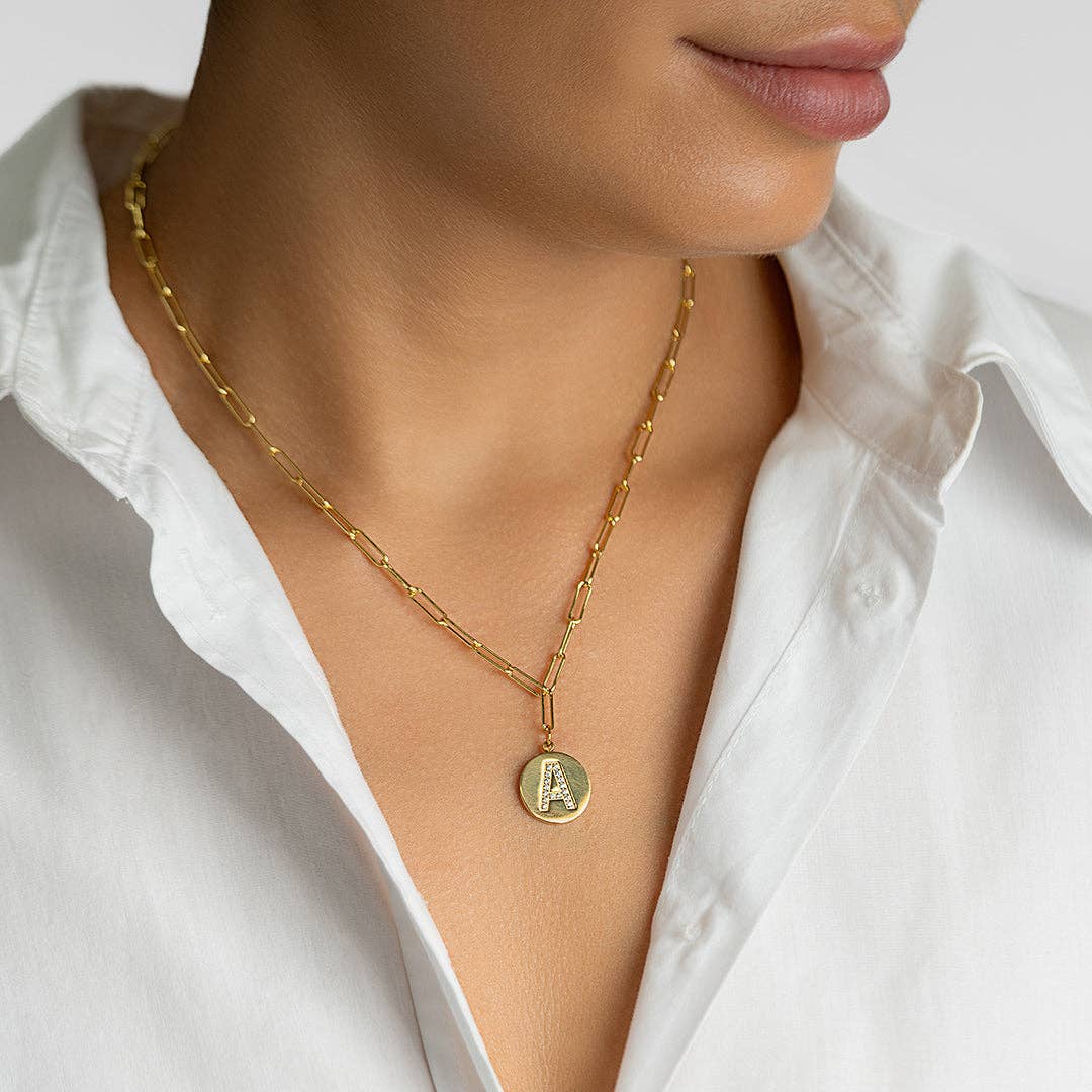Tarnish Resistant 14K Gold Plated Initial Disc Necklace: E / Default Title