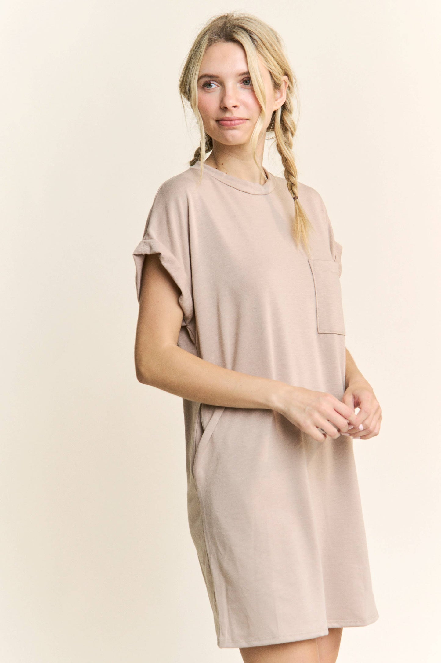 Round Neck Pocket Mini Dress HD1015: Olive / S-M-L / 2-2-2