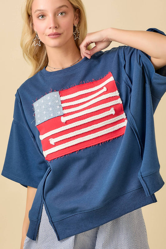 Boxy Wide Short Sleeve Top With American Flag Patchwork: DARK BLUE / L