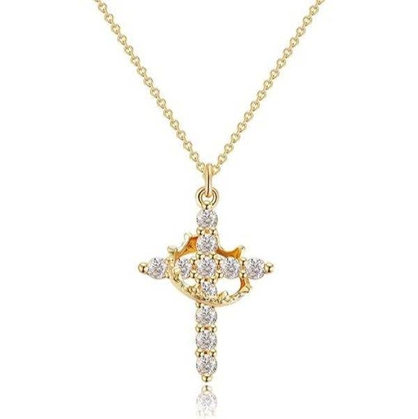 Sparkling Crown Cross Pendant Necklace Christian Jewelry: Silver
