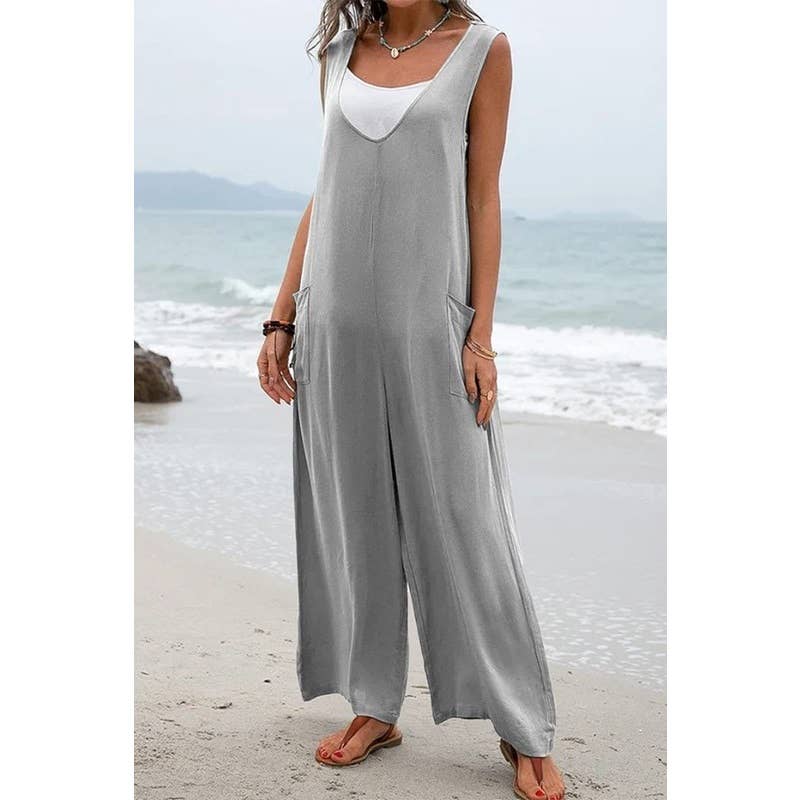New Solid Color Pocket Fashion Jumpsuit : OLIVE GREEN / M