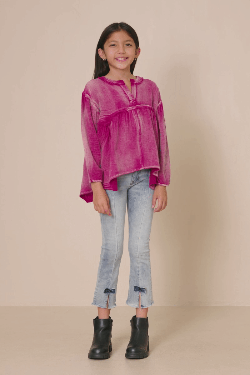 Girls Washed Raw Edge Puff Sleeve Peplum Top - 4 Pack: Magenta / Pack
