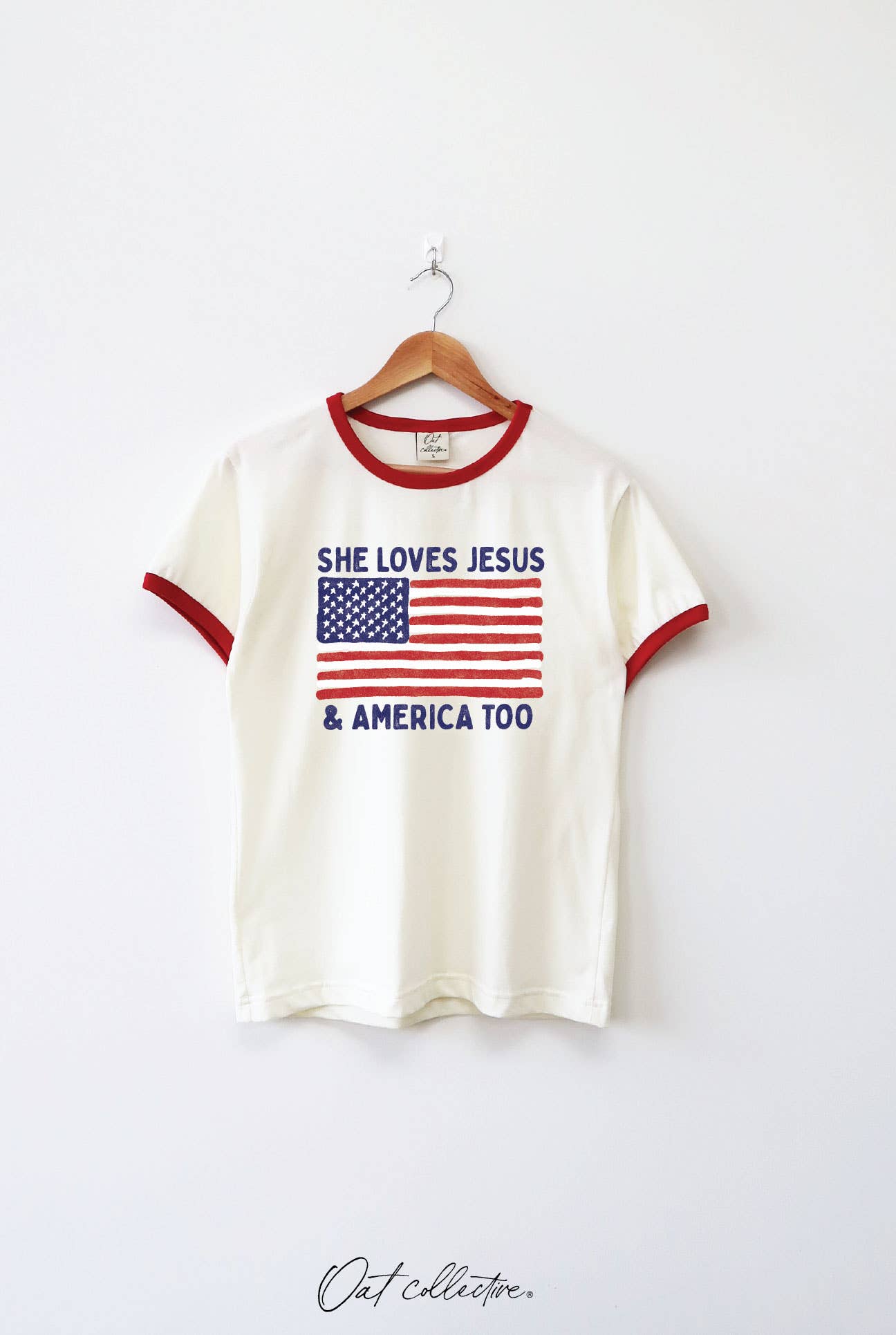 SHE LOVES JESUS AND AMERICA TOO Ringer Graphic Top : NATURAL/BLK / L