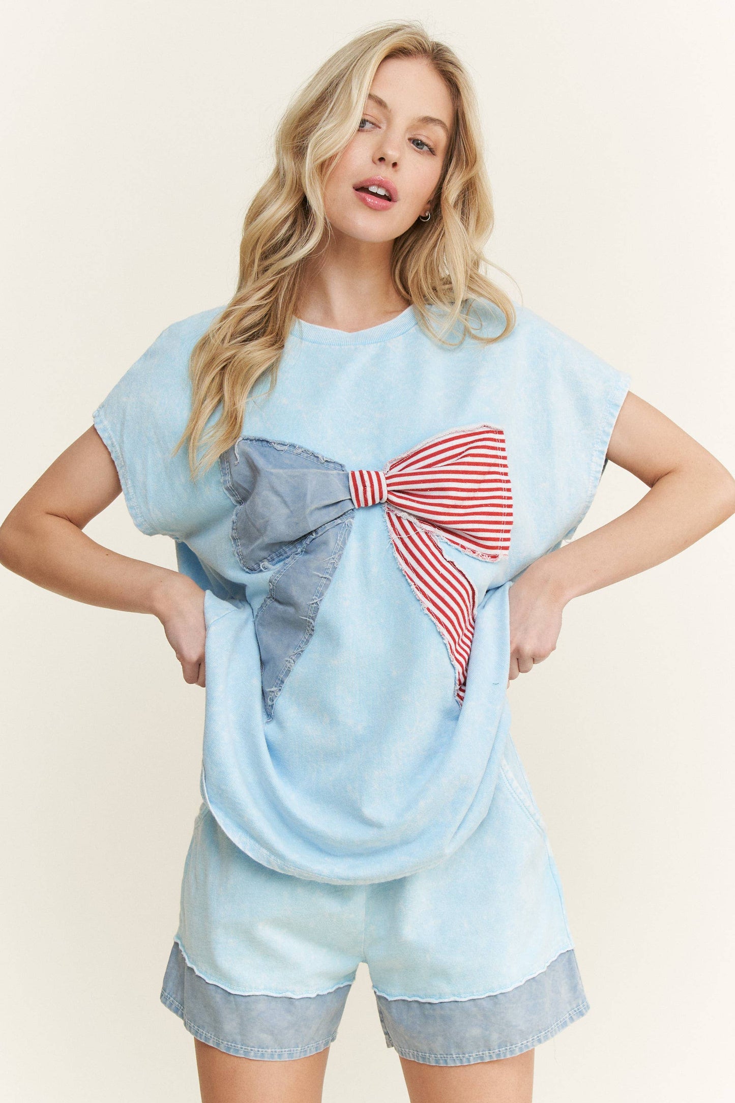 MineralWashed Americana Bow Sleeveless Blouse top HT5647P2.: Cyan