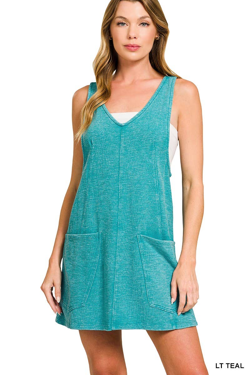 Washed Slub Adjustable Strap Overall Dress: DK GREEN / 2-2-2(S-M-L)