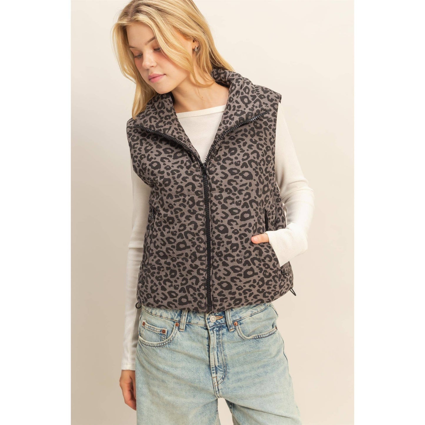 Leopard Print Puffer Vest: BLACK / S-M-L(2-2-2)