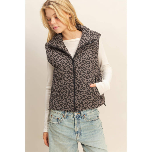 Leopard Print Puffer Vest: BLACK / S-M-L(2-2-2)