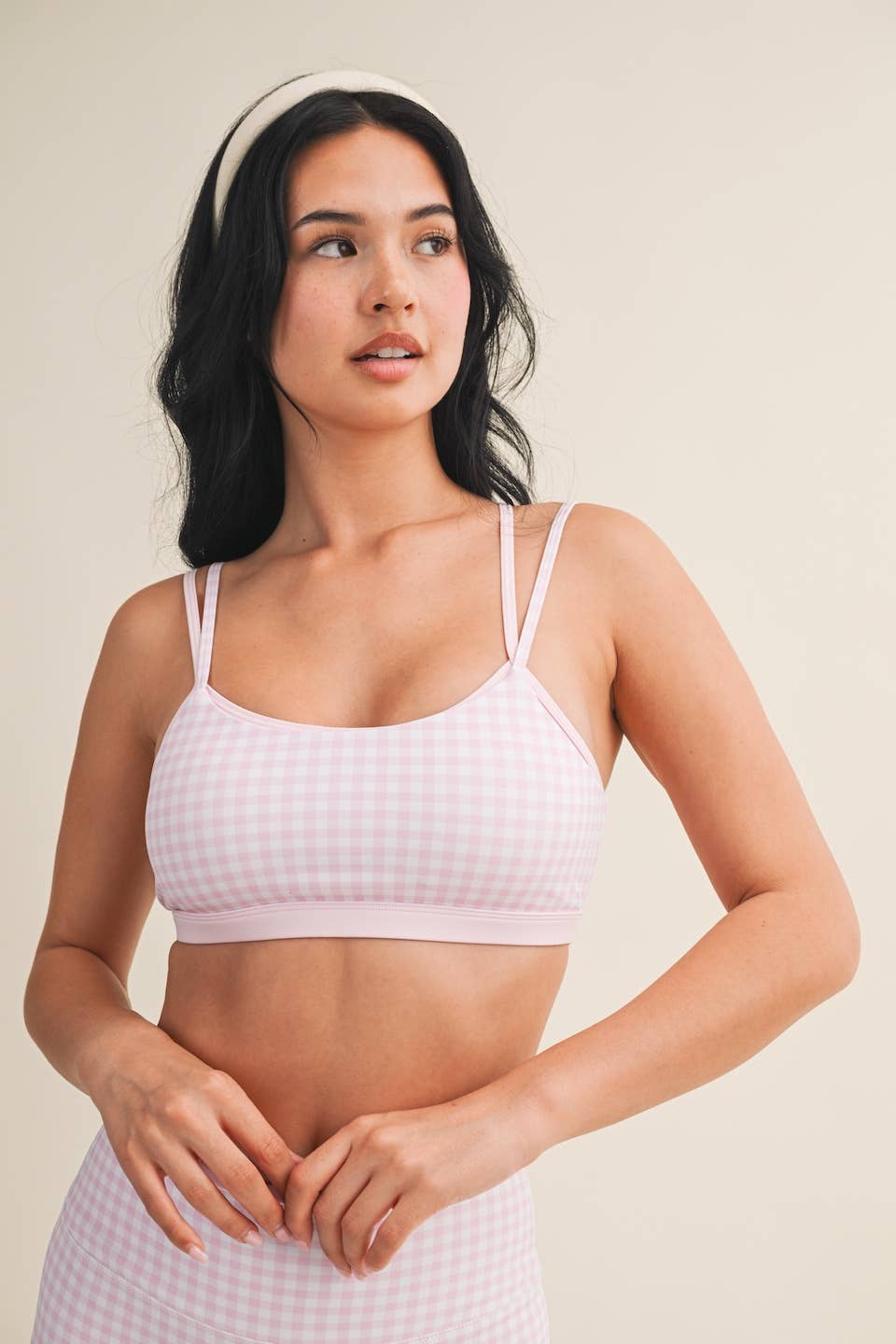 Gingham Print Double Layered Sports Bra: Red Gingham / M