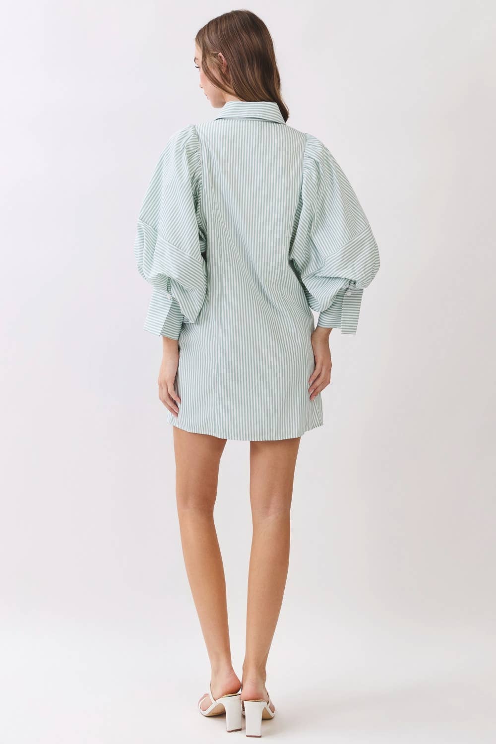 Statement Sleeve Mini Shirt Dress REMI245-S : PINK STRIPE / L