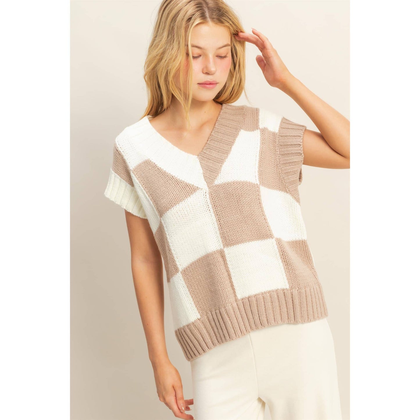 Checkered Sweater Vest: HOT PINK / S-M-L(2-2-2)