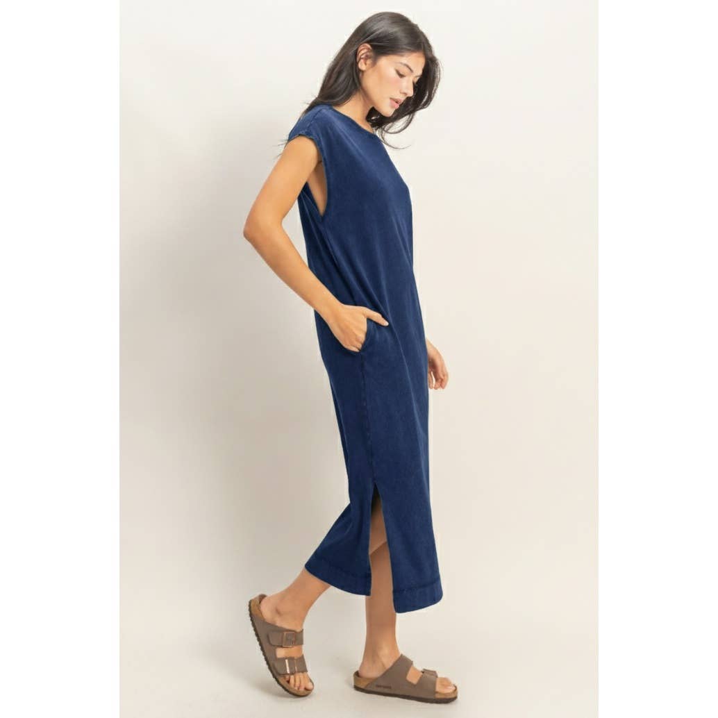 Mineral Wash Cap Sleeve Midi Dress: CHOCOLATE / S-M-L(2-2-2)